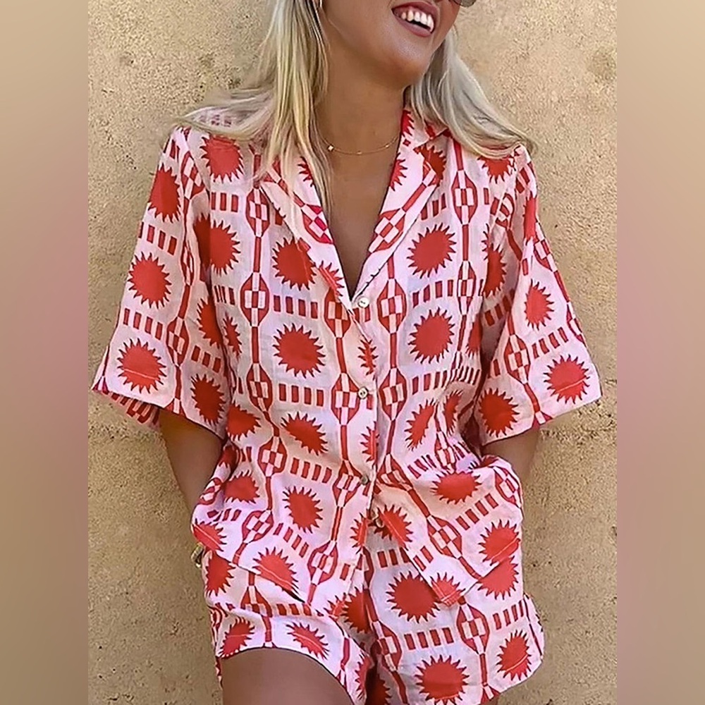 Commense Tropical Print Drawstring Shorts Set